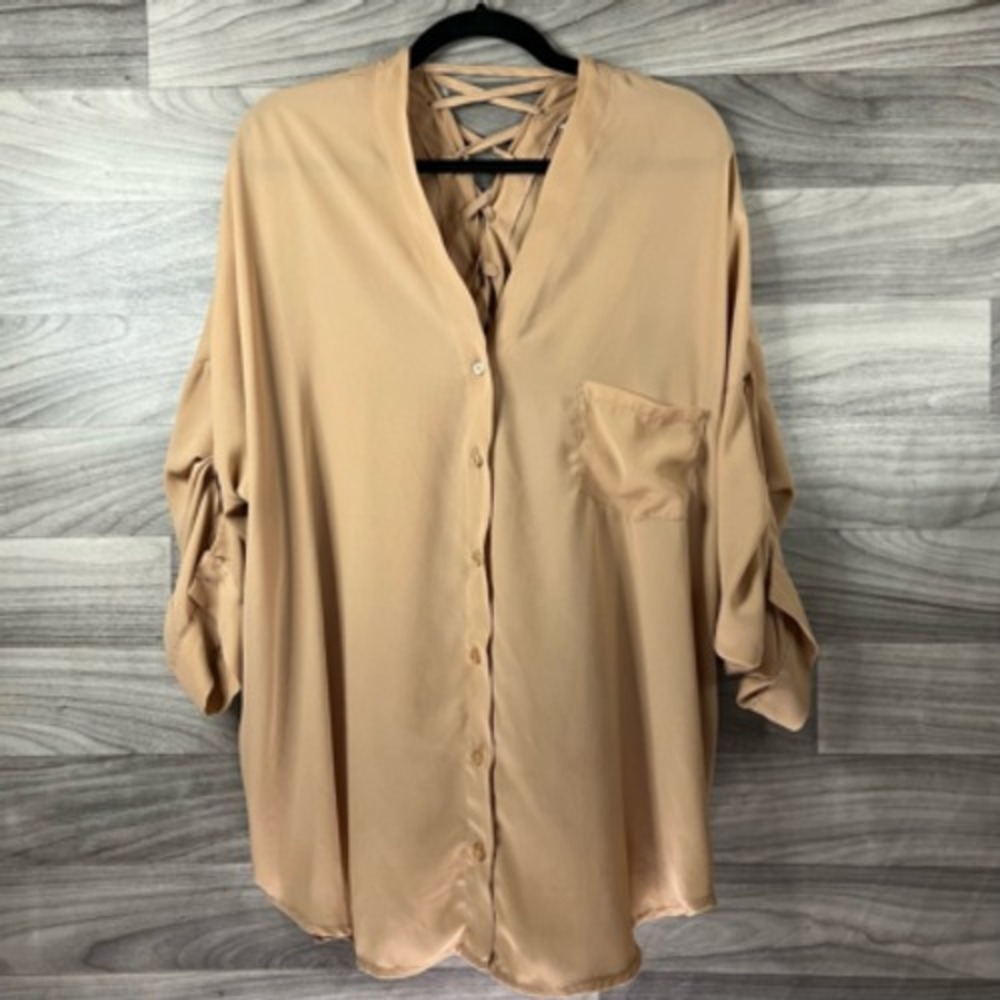 COC Womens Button Up Shirt Brown 3/4 Sleeve Roll Tab V Neck Caged Back Plus 3XL‎